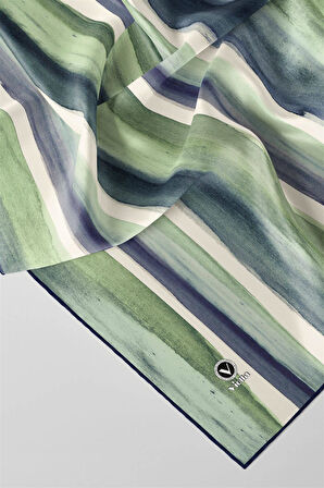 Twill Suluboya Çizgi Desenli Lacivert - Su Yeşili Renkli 90x90 Eşarp (İpek İçermez) Kenar Dikiş Şekli El Dikişli