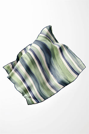 Twill Suluboya Çizgi Desenli Lacivert - Su Yeşili Renkli 90x90 Eşarp (İpek İçermez) Kenar Dikiş Şekli El Dikişli