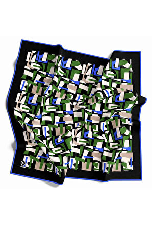 Twill Geometrik Desenli Zümrüt Yeşili - Saks Renkli 90x90 Eşarp (İpek İçermez) Dikim Şekli : El Dikişi