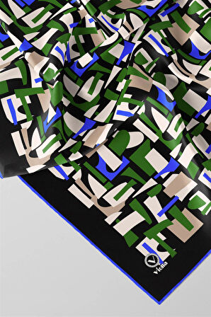 Twill Geometrik Desenli Zümrüt Yeşili - Saks Renkli 90x90 Eşarp (İpek İçermez) Dikim Şekli : El Dikişi