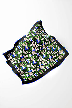 Twill Geometrik Desenli Zümrüt Yeşili - Saks Renkli 90x90 Eşarp (İpek İçermez) Dikim Şekli : El Dikişi