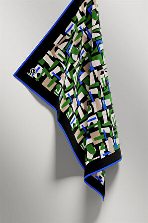 Twill Geometrik Desenli Zümrüt Yeşili - Saks Renkli 90x90 Eşarp (İpek İçermez) Dikim Şekli : El Dikişi