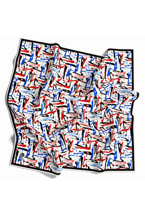 Twill Geometrik Desenli Saks - Kırmızı Renkli 90x90 Eşarp (İpek İçermez) Dikim Şekli : El Dikişi