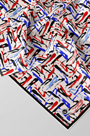 Twill Geometrik Desenli Saks - Kırmızı Renkli 90x90 Eşarp (İpek İçermez) Dikim Şekli : El Dikişi