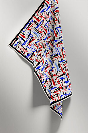 Twill Geometrik Desenli Saks - Kırmızı Renkli 90x90 Eşarp (İpek İçermez) Dikim Şekli : El Dikişi