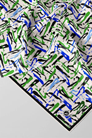Twill Geometrik Desenli Saks - Zümrüt Yeşili Renkli 90x90 Eşarp (İpek İçermez) Dikim Şekli : El Dikişi
