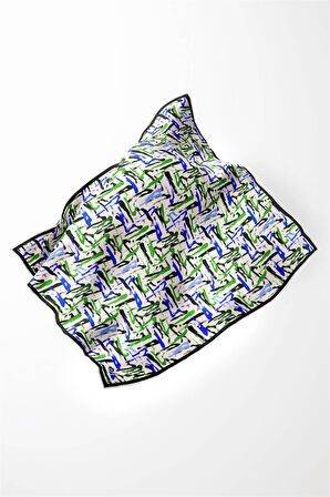 Twill Geometrik Desenli Saks - Zümrüt Yeşili Renkli 90x90 Eşarp (İpek İçermez) Dikim Şekli : El Dikişi