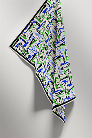 Twill Geometrik Desenli Saks - Zümrüt Yeşili Renkli 90x90 Eşarp (İpek İçermez) Dikim Şekli : El Dikişi