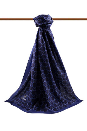 LÜKS MEDİNE İPEĞİ MONOGRAM DESENLİ LACİVERT - İNDİGO RENKLİ 75X195 KIRIŞMAZ ŞAL MOSS KREP DİKİŞ TİPİ İTALYAN DİKİŞLİ