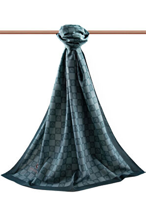 LÜKS MEDİNE İPEĞİ MONOGRAM DESENLİ ZÜMRÜT YEŞİLİ RENKLİ 75X195 KIRIŞMAZ ŞAL MOSS KREP DİKİŞ TİPİ İTALYAN DİKİŞLİ