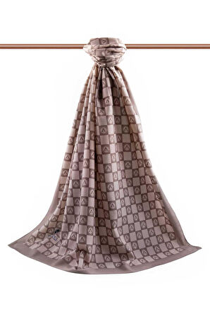 LÜKS MEDİNE İPEĞİ MONOGRAM DESENLİ TAŞ RENKLİ 75X195 KIRIŞMAZ ŞAL MOSS KREP DİKİŞ TİPİ İTALYAN DİKİŞLİ