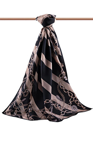 LÜKS MEDİNE İPEĞİ ÇİZGİLİ VE ZİNCİR DESENLİ SİYAH - BEJ RENKLİ 75X195 KIRIŞMAZ ŞAL MOSS KREP DİKİŞ TİPİ İTALYAN DİKİŞLİ