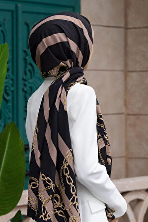 LÜKS MEDİNE İPEĞİ ÇİZGİLİ VE ZİNCİR DESENLİ SİYAH - VİZON RENKLİ 75X195 KIRIŞMAZ ŞAL MOSS KREP DİKİŞ TİPİ İTALYAN DİKİŞLİ