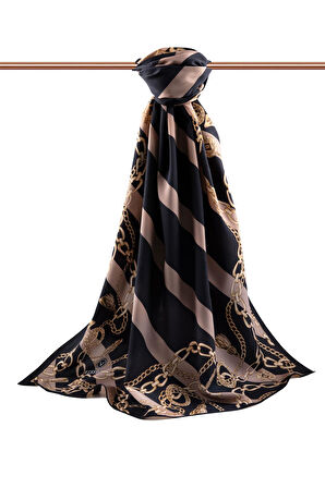 LÜKS MEDİNE İPEĞİ ÇİZGİLİ VE ZİNCİR DESENLİ SİYAH - VİZON RENKLİ 75X195 KIRIŞMAZ ŞAL MOSS KREP DİKİŞ TİPİ İTALYAN DİKİŞLİ