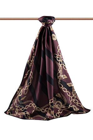 LÜKS MEDİNE İPEĞİ ÇİZGİLİ VE ZİNCİR DESENLİ BORDO - SİYAH RENKLİ 75X195 KIRIŞMAZ ŞAL MOSS KREP DİKİŞ TİPİ İTALYAN DİKİŞLİ