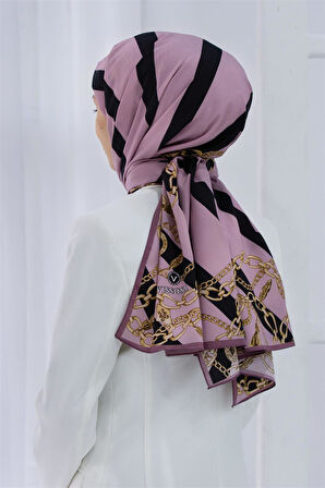 LÜKS MEDİNE İPEĞİ ÇİZGİLİ VE ZİNCİR DESENLİ PUDRA RENKLİ 75X195 KIRIŞMAZ ŞAL MOSS KREP DİKİŞ TİPİ İTALYAN DİKİŞLİ