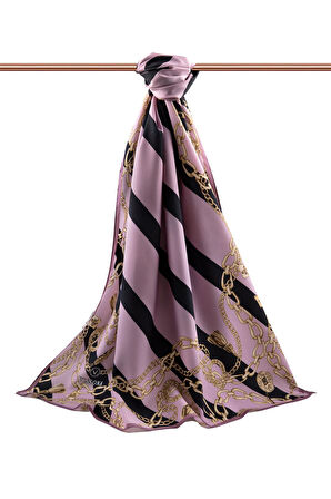 LÜKS MEDİNE İPEĞİ ÇİZGİLİ VE ZİNCİR DESENLİ PUDRA RENKLİ 75X195 KIRIŞMAZ ŞAL MOSS KREP DİKİŞ TİPİ İTALYAN DİKİŞLİ