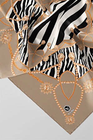 Twill Gold Detaylı Zebra Desenli Bej Renkli 90x90 Eşarp (İpek İçermez) Kenar Dikiş Şekli El Dikişli
