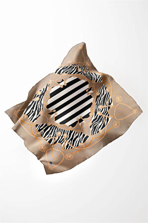 Twill Gold Detaylı Zebra Desenli Bej Renkli 90x90 Eşarp (İpek İçermez) Kenar Dikiş Şekli El Dikişli