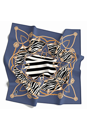 Twill Gold Detaylı Zebra Desenli İndigo Renkli 90x90 Eşarp (İpek İçermez) Kenar Dikiş Şekli El Dikişli