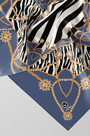 Twill Gold Detaylı Zebra Desenli İndigo Renkli 90x90 Eşarp (İpek İçermez) Kenar Dikiş Şekli El Dikişli