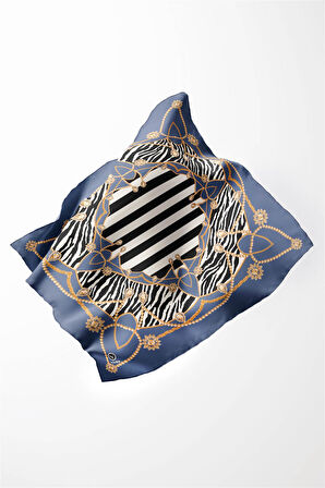 Twill Gold Detaylı Zebra Desenli İndigo Renkli 90x90 Eşarp (İpek İçermez) Kenar Dikiş Şekli El Dikişli