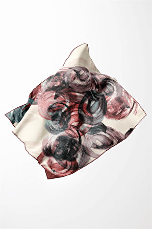 Twill Fırça Efektli Desenli Pudra Renkli 90x90 Eşarp (İpek İçermez) Kenar Dikiş Şekli El Dikişli