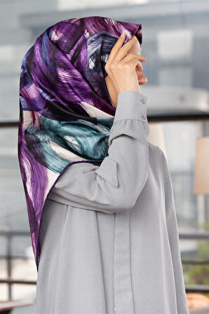 Twill Fırça Efektli Desenli Mor Renkli 90x90 Eşarp (İpek İçermez) Kenar Dikiş Şekli El Dikişli