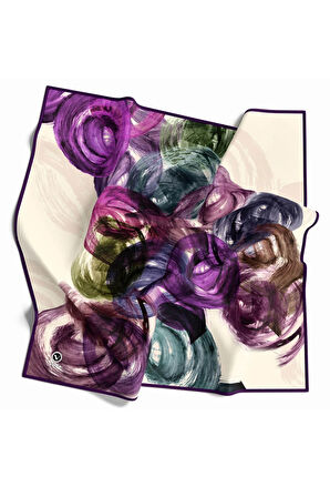 Twill Fırça Efektli Desenli Mor Renkli 90x90 Eşarp (İpek İçermez) Kenar Dikiş Şekli El Dikişli