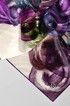 Twill Fırça Efektli Desenli Mor Renkli 90x90 Eşarp (İpek İçermez) Kenar Dikiş Şekli El Dikişli