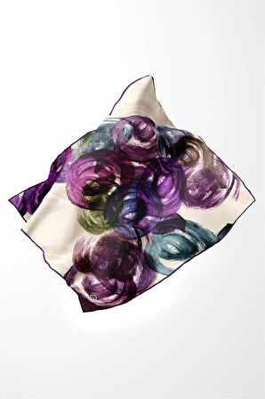 Twill Fırça Efektli Desenli Mor Renkli 90x90 Eşarp (İpek İçermez) Kenar Dikiş Şekli El Dikişli