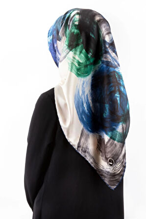 Twill Fırça Efektli Desenli Lacivert Renkli 90x90 Eşarp (İpek İçermez) Kenar Dikiş Şekli El Dikişli