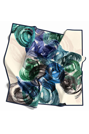 Twill Fırça Efektli Desenli Lacivert Renkli 90x90 Eşarp (İpek İçermez) Kenar Dikiş Şekli El Dikişli