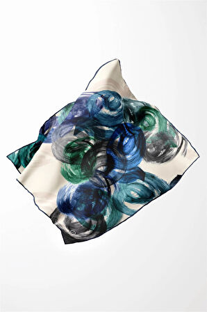 Twill Fırça Efektli Desenli Lacivert Renkli 90x90 Eşarp (İpek İçermez) Kenar Dikiş Şekli El Dikişli