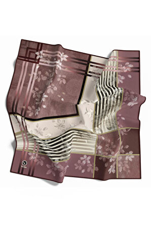 Twill Çiçek Desenli Gül Kurusu Renkli 90x90 Eşarp (İpek İçermez) Kenar Dikiş Şekli El Dikişli