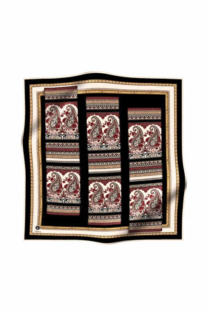 Twill Şal Desenli Siyah Renkli 90x90 Eşarp (İpek İçermez) Kenar Dikiş Şekli El Dikişli