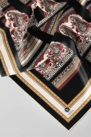 Twill Şal Desenli Siyah Renkli 90x90 Eşarp (İpek İçermez) Kenar Dikiş Şekli El Dikişli