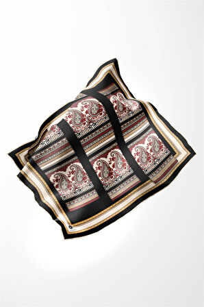 Twill Şal Desenli Siyah Renkli 90x90 Eşarp (İpek İçermez) Kenar Dikiş Şekli El Dikişli