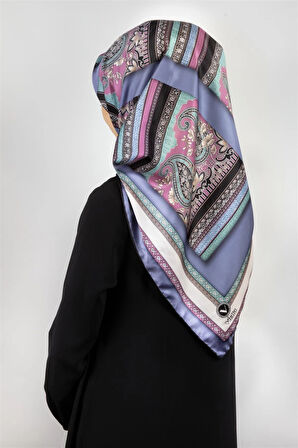 Twill Şal Desenli İndigo Renkli 90x90 Eşarp (İpek İçermez) Kenar Dikiş Şekli El Dikişli