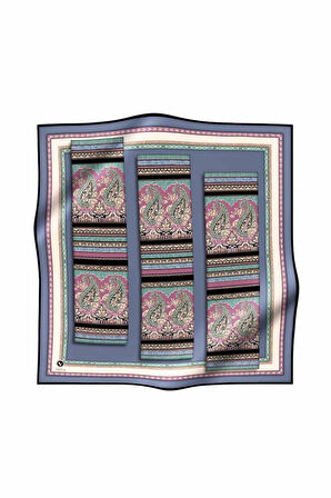 Twill Şal Desenli İndigo Renkli 90x90 Eşarp (İpek İçermez) Kenar Dikiş Şekli El Dikişli