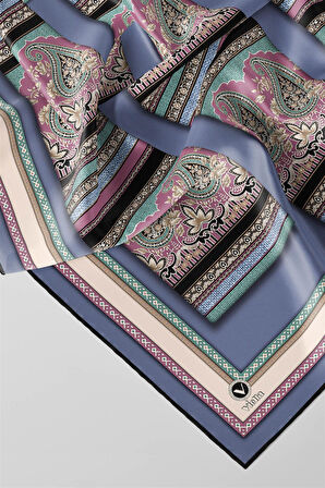 Twill Şal Desenli İndigo Renkli 90x90 Eşarp (İpek İçermez) Kenar Dikiş Şekli El Dikişli