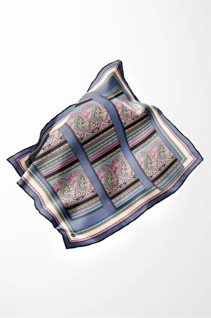 Twill Şal Desenli İndigo Renkli 90x90 Eşarp (İpek İçermez) Kenar Dikiş Şekli El Dikişli