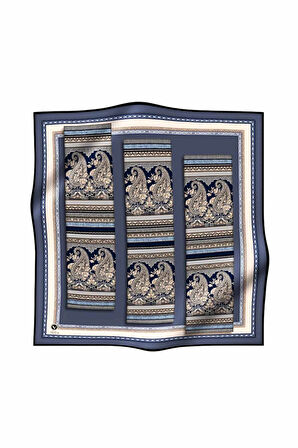 Twill Şal Desenli İndigo - Gri Renkli 90x90 Eşarp (İpek İçermez) Kenar Dikiş Şekli El Dikişli