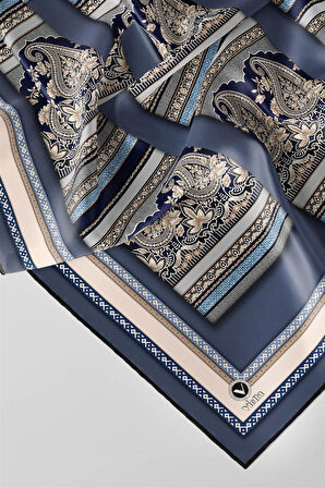 Twill Şal Desenli İndigo - Gri Renkli 90x90 Eşarp (İpek İçermez) Kenar Dikiş Şekli El Dikişli