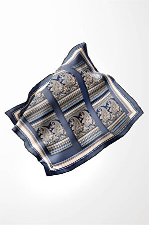 Twill Şal Desenli İndigo - Gri Renkli 90x90 Eşarp (İpek İçermez) Kenar Dikiş Şekli El Dikişli