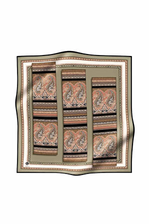 Twill Şal Desenli Haki Renkli 90x90 Eşarp (İpek İçermez) Kenar Dikiş Şekli El Dikişli