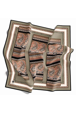 Twill Şal Desenli Haki Renkli 90x90 Eşarp (İpek İçermez) Kenar Dikiş Şekli El Dikişli
