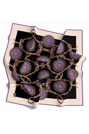 Twill Kemerli Ve Geometrik Desenli Lila Renkli 90x90 Eşarp (İpek İçermez) Kenar Dikiş Şekli El Dikişli