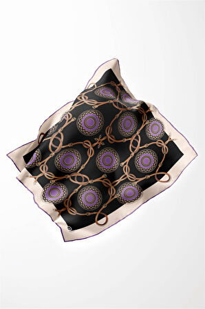 Twill Kemerli Ve Geometrik Desenli Lila Renkli 90x90 Eşarp (İpek İçermez) Kenar Dikiş Şekli El Dikişli