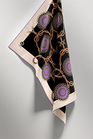 Twill Kemerli Ve Geometrik Desenli Lila Renkli 90x90 Eşarp (İpek İçermez) Kenar Dikiş Şekli El Dikişli